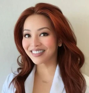 A woman with long, wavy auburn hair smiles while wearing a white top and a necklace, standing against a plain light-colored background.