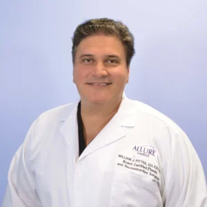 A man wearing a white lab coat with "Allure Medical" logo and text "William J. Pittas, DO, FACOS, Board Certified Plastic and Reconstructive Surgeon" stands against a light blue background.